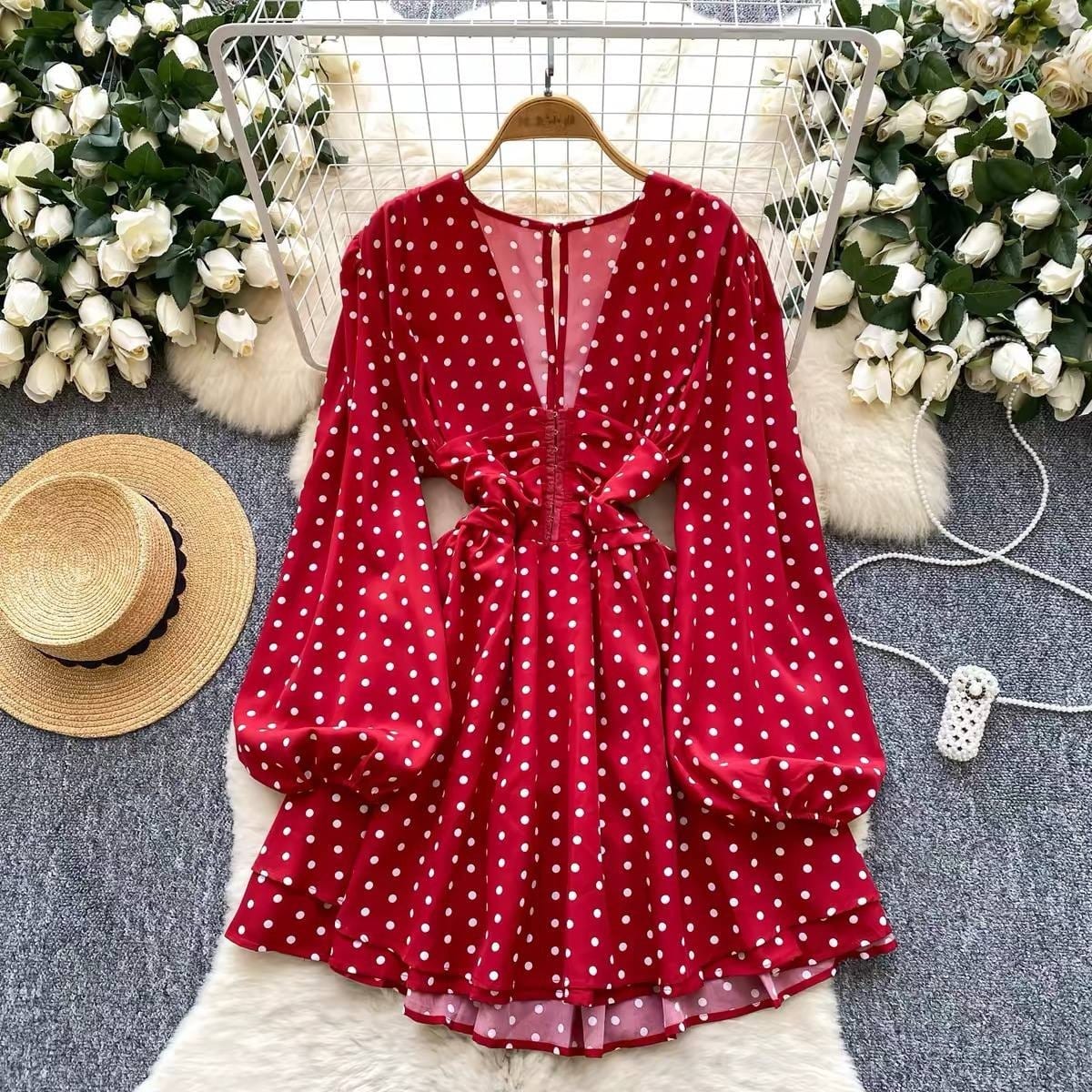Red mini dress with white polka dots