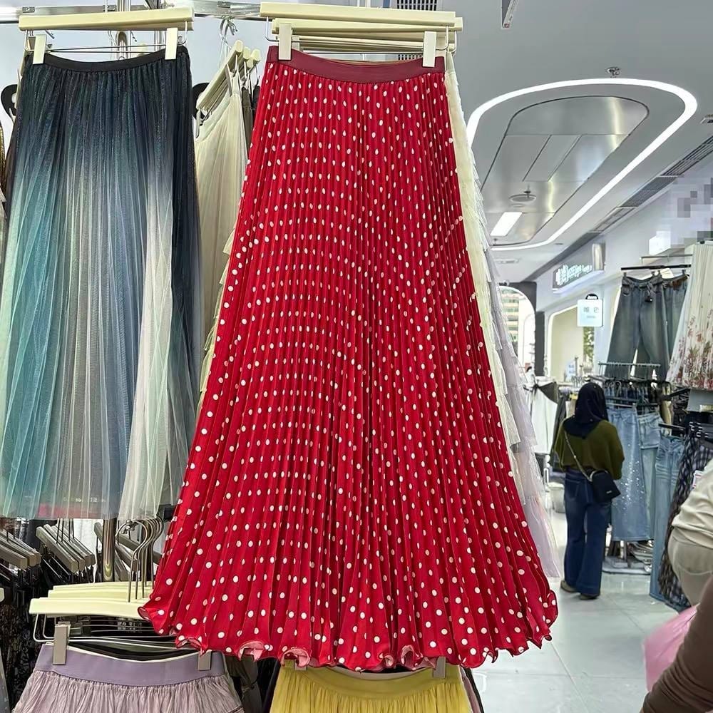 Red and white polka dot pleated maxi skirt